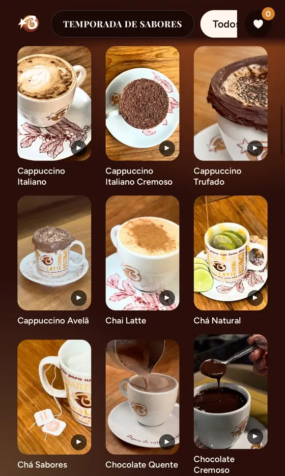 Tela do cardápio digital com a grade de produtos em vídeo